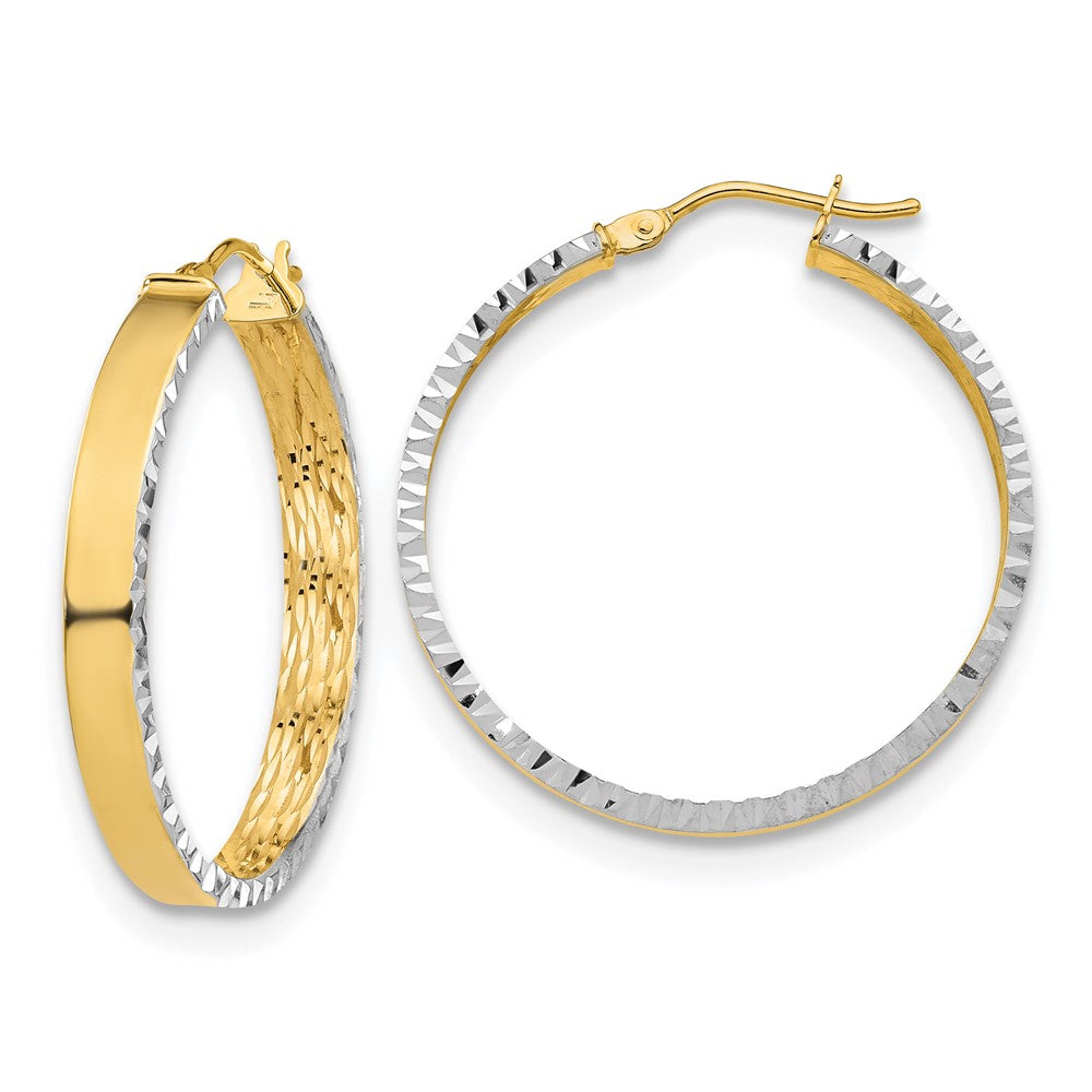 14K Yellow & Rhodium White Polished And Diamond Cut Hoop Earrings