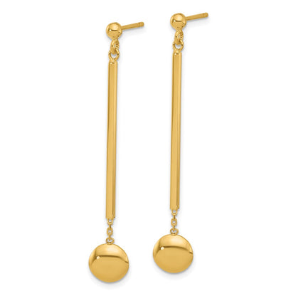 14K Yellow Gold Polished Bar With Bead Dangle Post Earrings