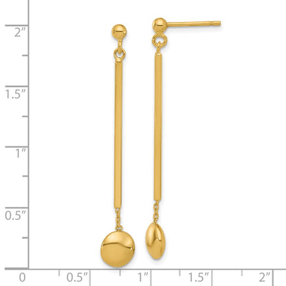 14K Yellow Gold Polished Bar With Bead Dangle Post Earrings