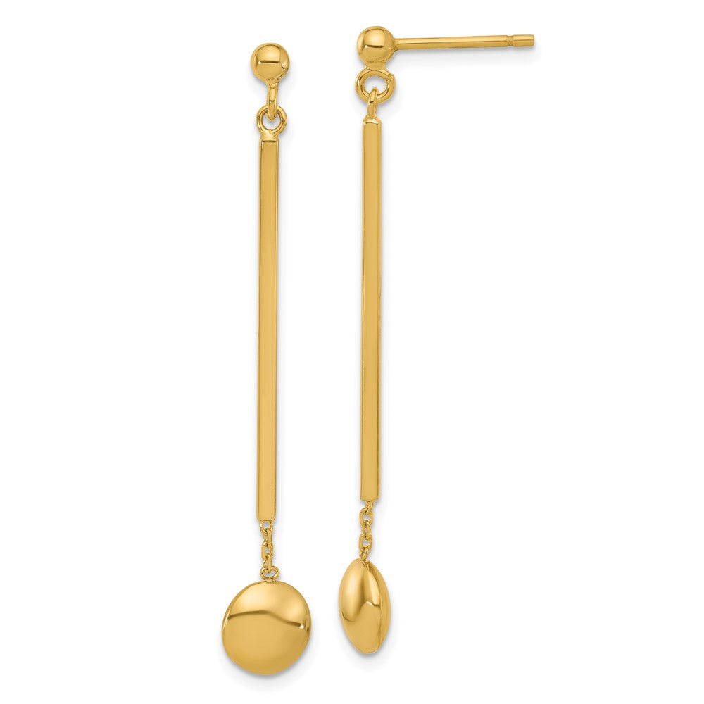 14K Yellow Gold Polished Bar With Bead Dangle Post Earrings