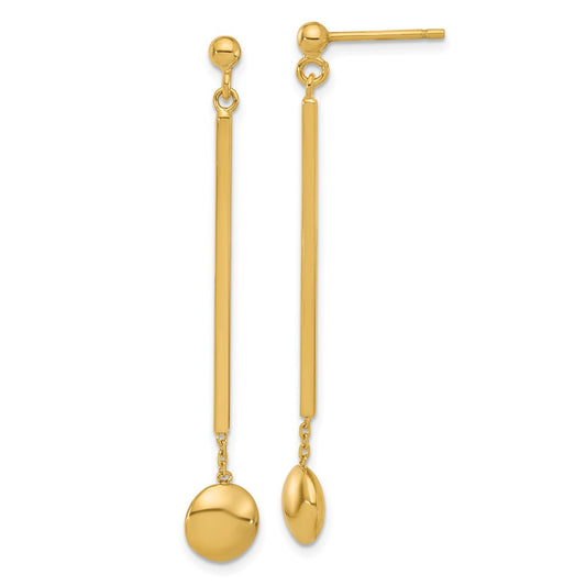 14K Yellow Gold Polished Bar With Bead Dangle Post Earrings