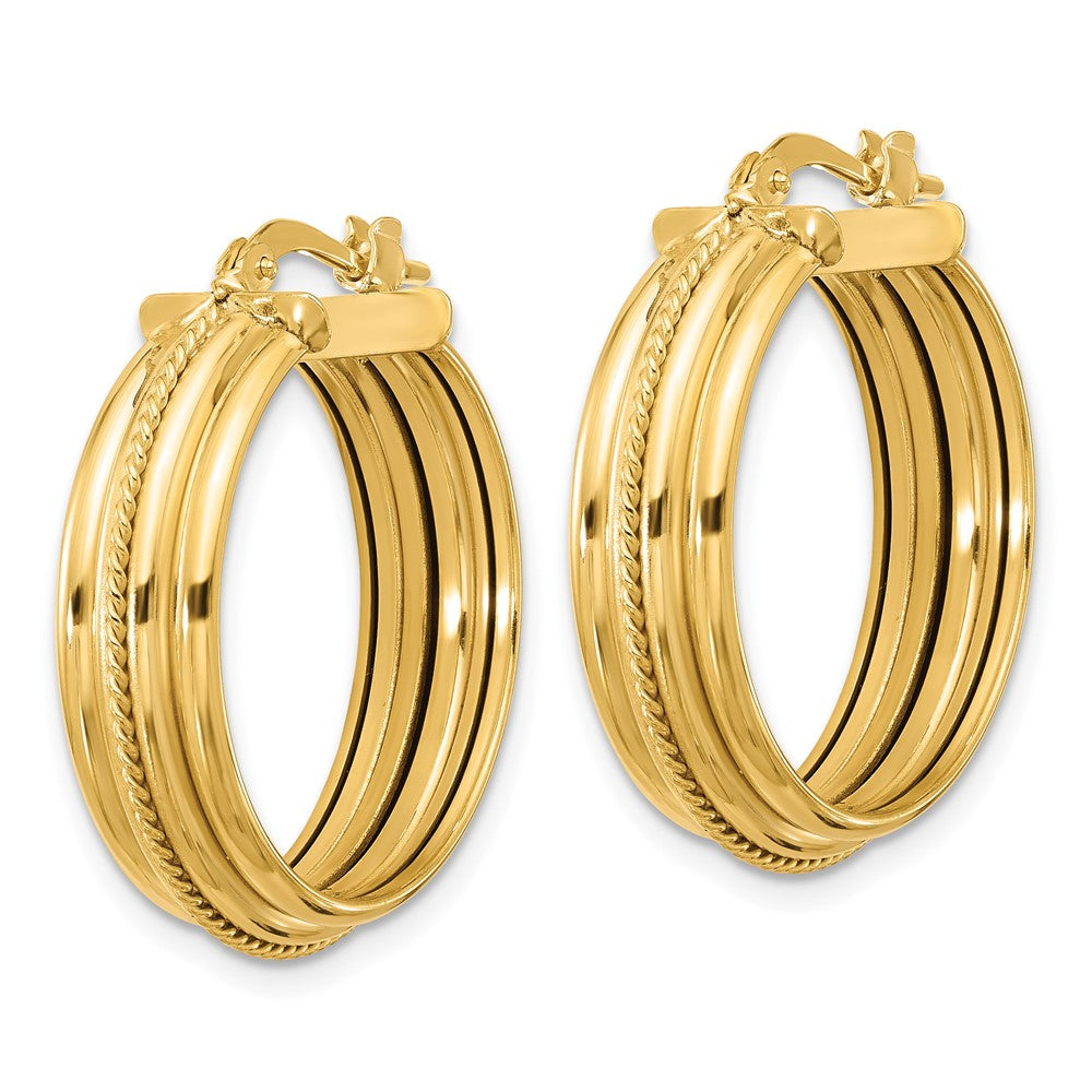 14K Yellow Gold Polished And Textured Round Hoop Earrings