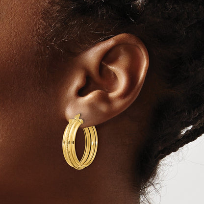 14K Yellow Gold Polished And Textured Round Hoop Earrings