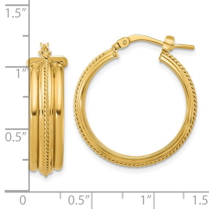 14K Yellow Gold Polished And Textured Round Hoop Earrings