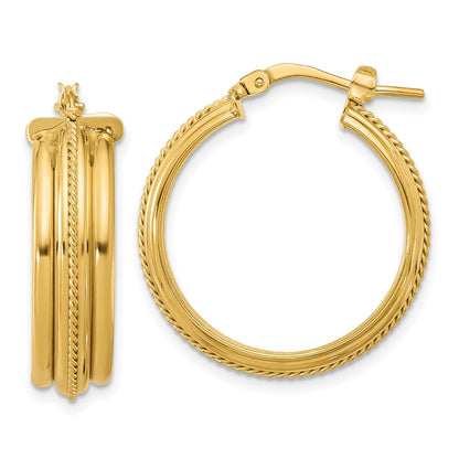 14K Yellow Gold Polished And Textured Round Hoop Earrings