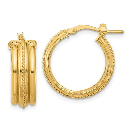 14K Yellow Gold Polished And Textured Round Hoop Earrings