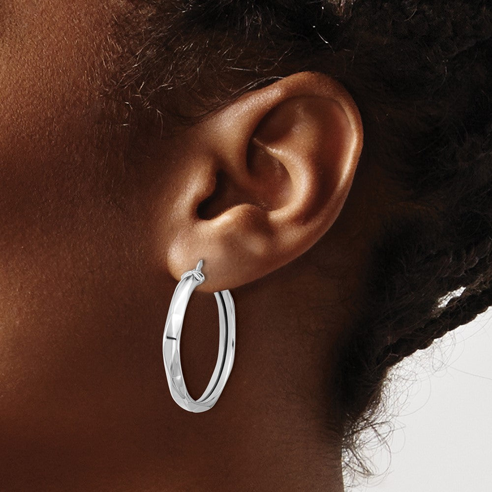 14K White Gold Polished Round Hoop Earrings