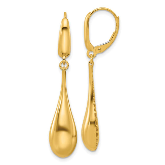 14K Yellow Gold Polished Teardrop Dangle Leverback Earrings