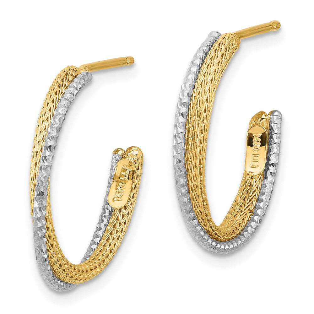 14K Yellow & Rhodium Polished/Textured/Dia Cut J Hoop Earrings