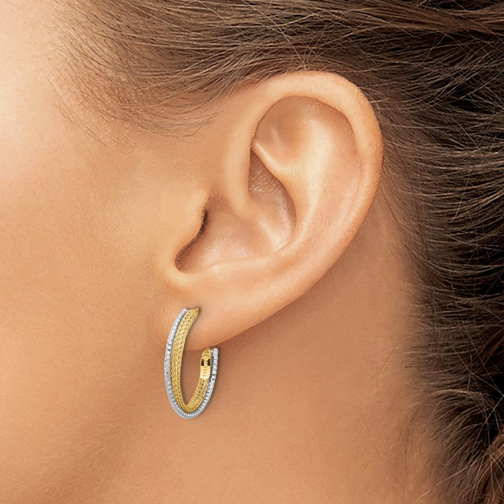 14K Yellow & Rhodium Polished/Textured/Dia Cut J Hoop Earrings