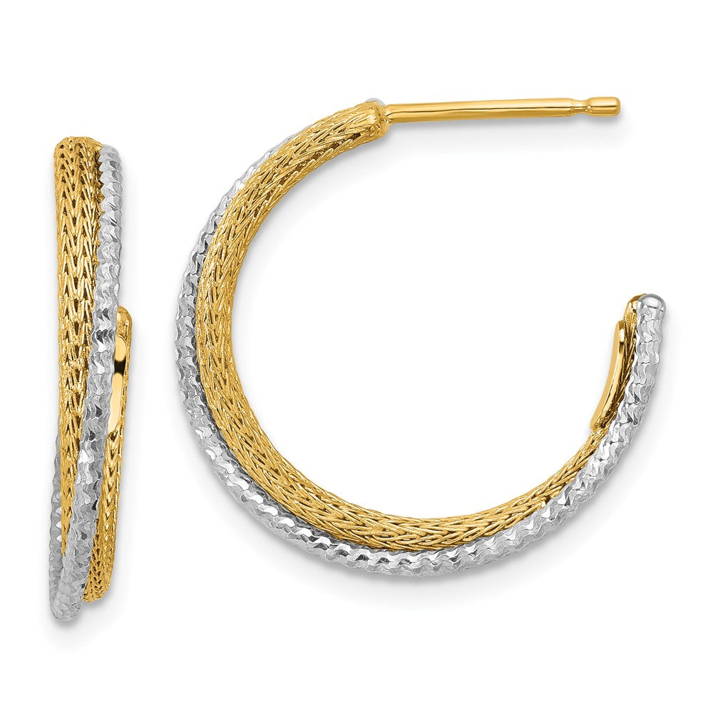 14K Yellow & Rhodium Polished/Textured/Dia Cut J Hoop Earrings