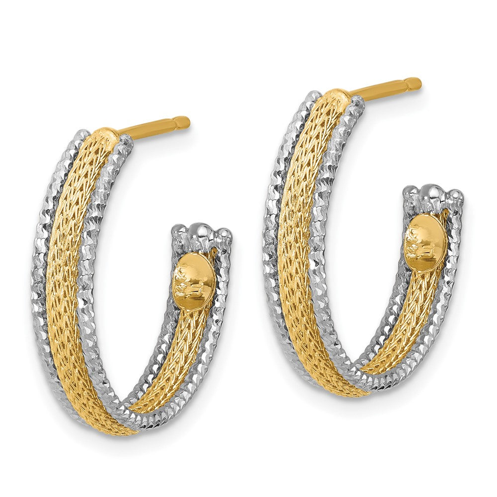14K Yellow & Rhodium Polished/Textured/Dia Cut J Hoop Earrings