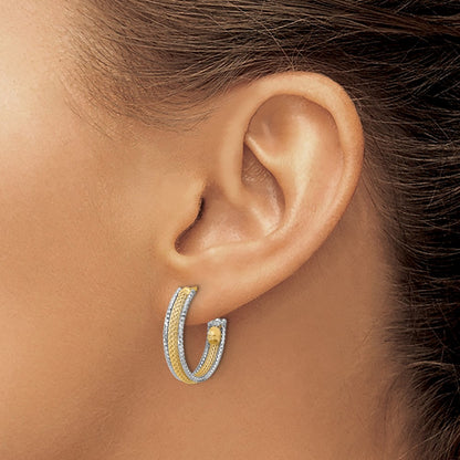 14K Yellow & Rhodium Polished/Textured/Dia Cut J Hoop Earrings
