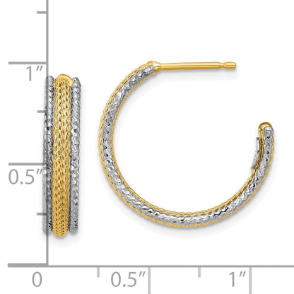14K Yellow & Rhodium Polished/Textured/Dia Cut J Hoop Earrings