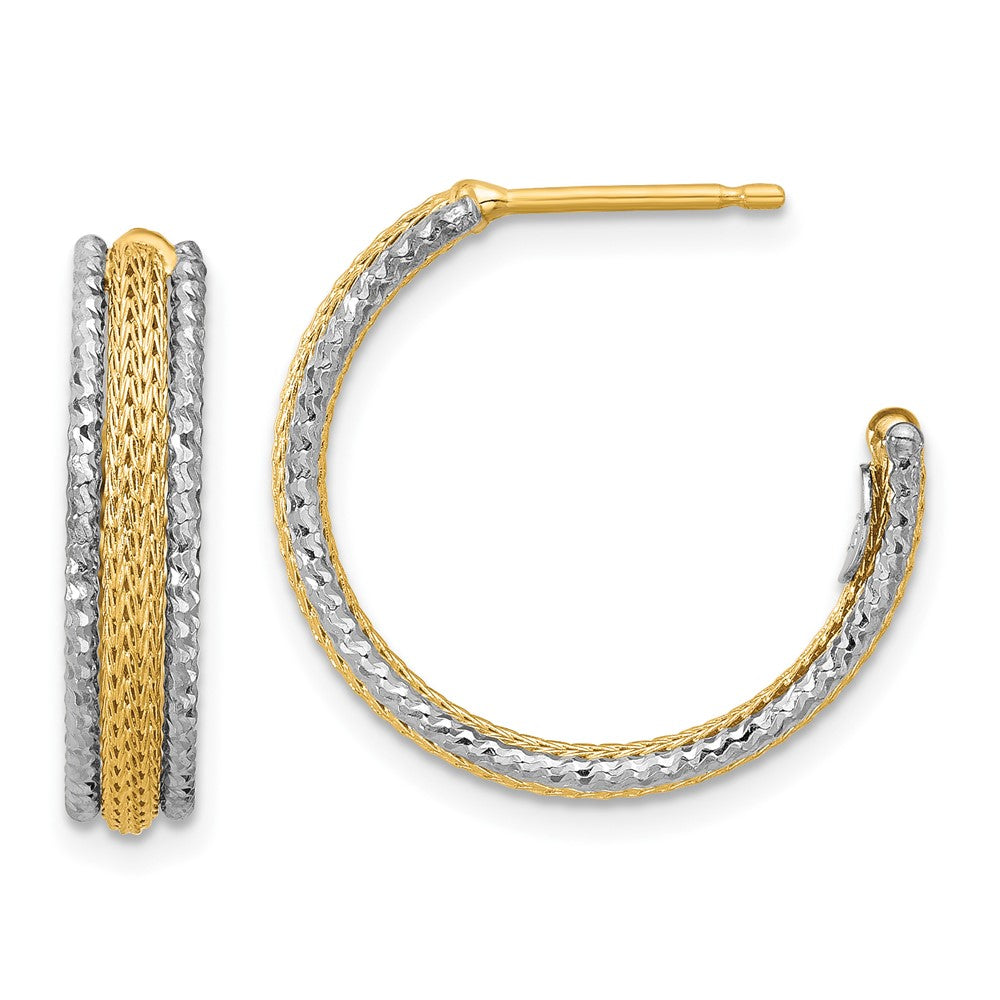 14K Yellow & Rhodium Polished/Textured/Dia Cut J Hoop Earrings