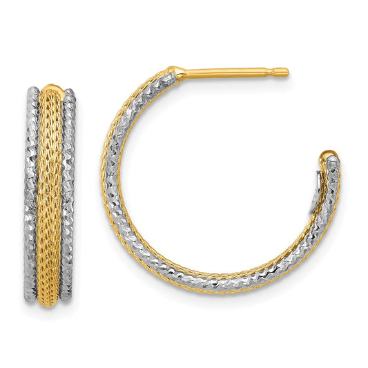 14K Yellow & Rhodium Polished/Textured/Dia Cut J Hoop Earrings