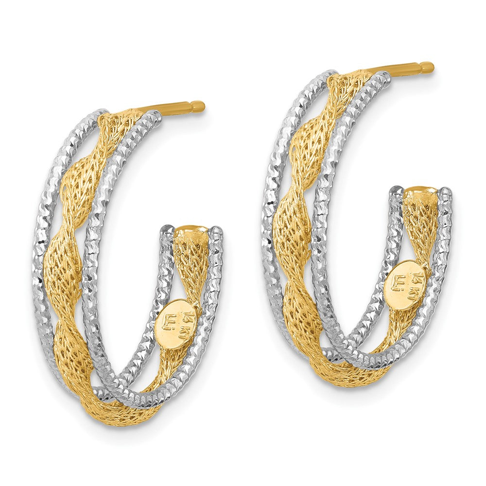 14K Yellow & Rhodium Polished/Textured/Dia Cut Twist J Hoop Earrings
