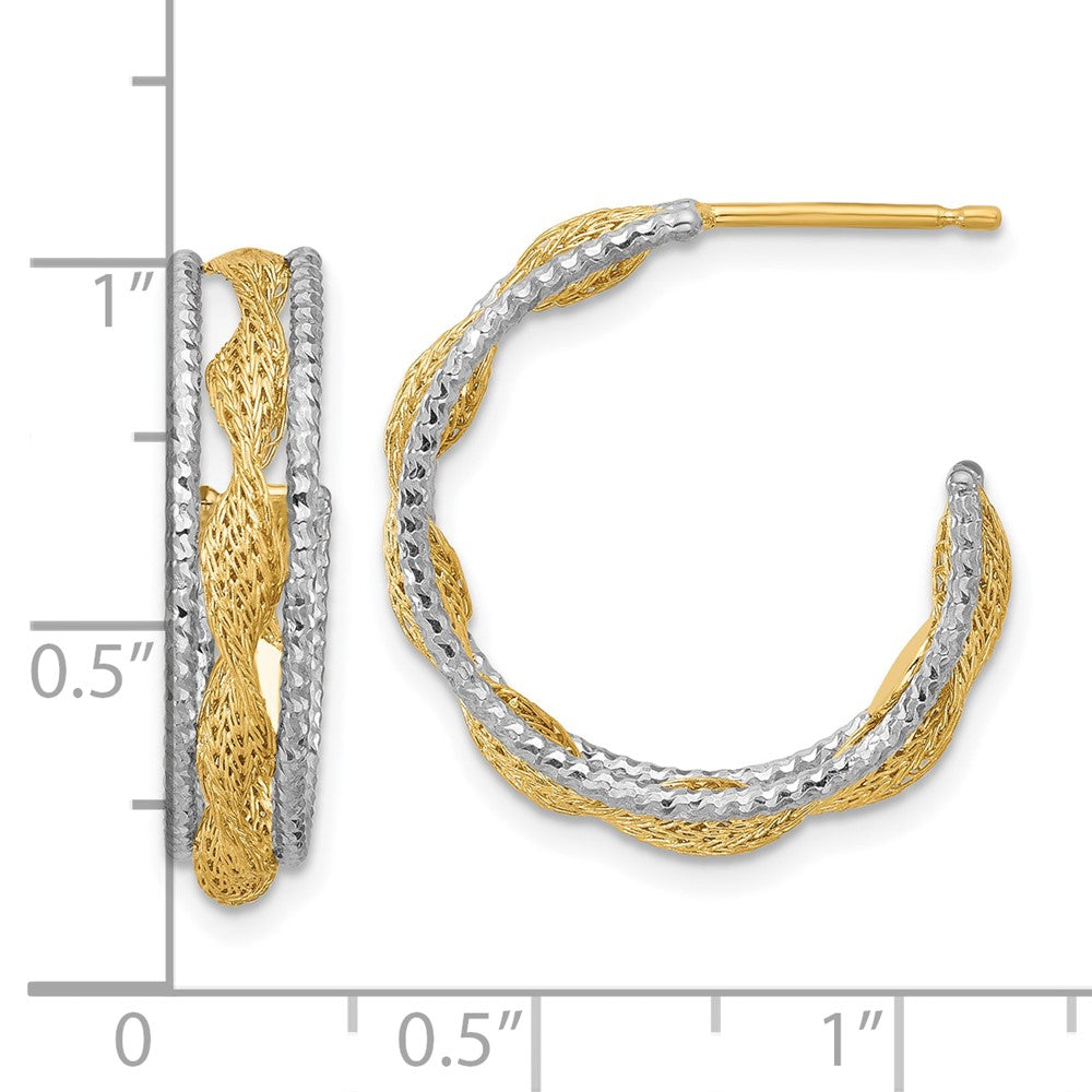 14K Yellow & Rhodium Polished/Textured/Dia Cut Twist J Hoop Earrings