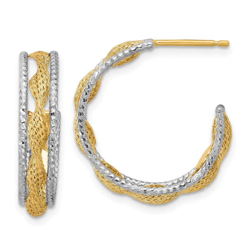 14K Yellow & Rhodium Polished/Textured/Dia Cut Twist J Hoop Earrings