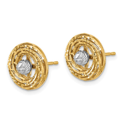 14K Two Tone Polished/Textured/Dia Cut Post Earrings