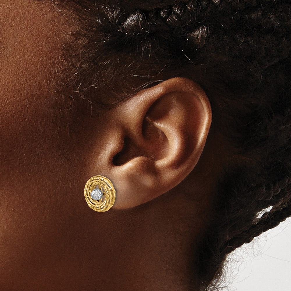 14K Two Tone Polished/Textured/Dia Cut Post Earrings