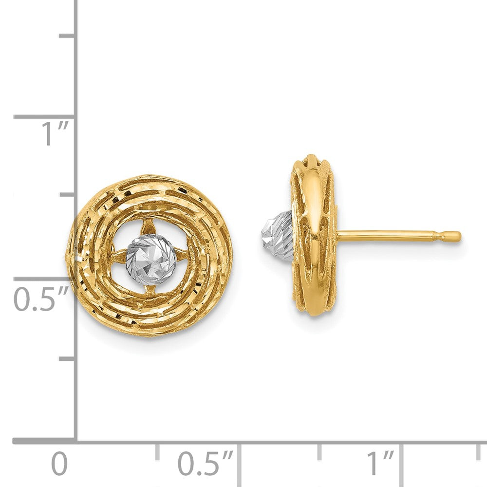 14K Two Tone Polished/Textured/Dia Cut Post Earrings
