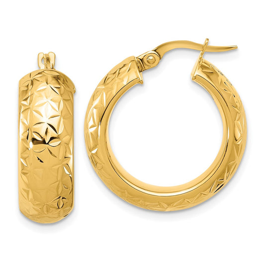 14K Yellow Gold Polished And D/C Half Round Circle Hoop Earrings