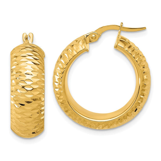 14K Yellow Gold Polished And D/C Half Round Circle Hoop Earrings