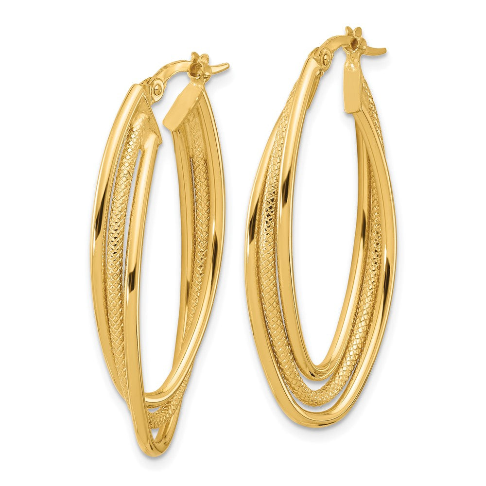 14K Yellow Gold Polished And Textured Triple Oval Twist Hoop Earrings