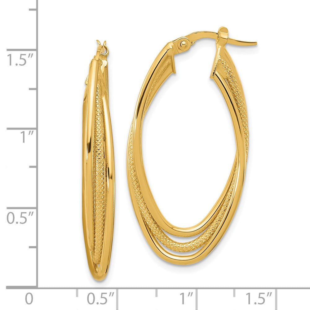 14K Yellow Gold Polished And Textured Triple Oval Twist Hoop Earrings
