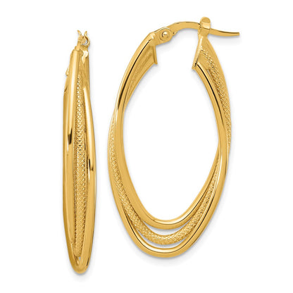 14K Yellow Gold Polished And Textured Triple Oval Twist Hoop Earrings