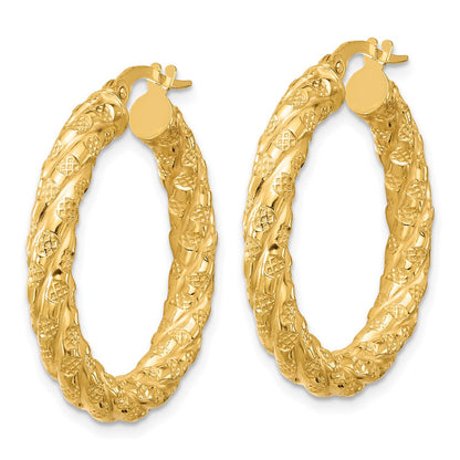 14K Yellow Gold Polished And Textured Twisted Circle Hoop Earrings
