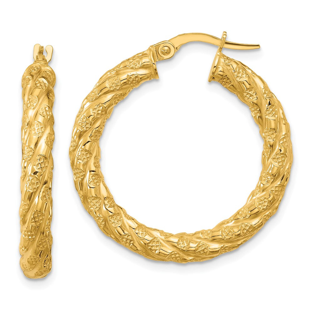 14K Yellow Gold Polished And Textured Twisted Circle Hoop Earrings