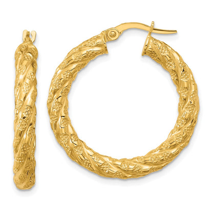 14K Yellow Gold Polished And Textured Twisted Circle Hoop Earrings