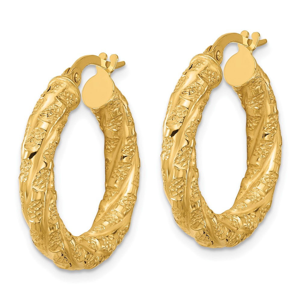 14K Yellow Gold Polished And Textured Twisted Tube Hoop Earrings