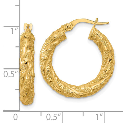 14K Yellow Gold Polished And Textured Twisted Tube Hoop Earrings