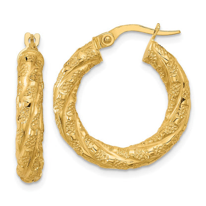 14K Yellow Gold Polished And Textured Twisted Tube Hoop Earrings