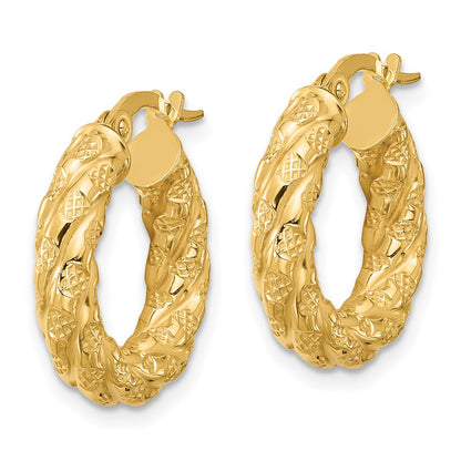 14K Yellow Gold Polished And Textured Twisted Tube Hoop Earrings