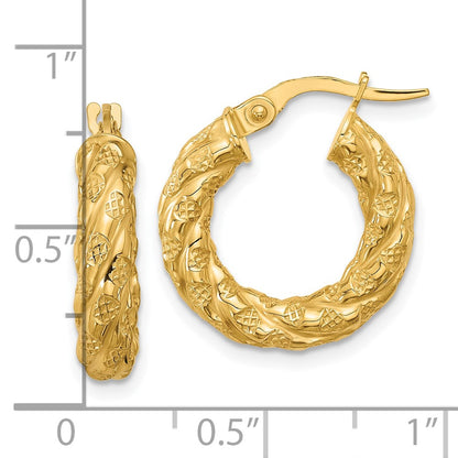 14K Yellow Gold Polished And Textured Twisted Tube Hoop Earrings