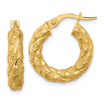 14K Yellow Gold Polished And Textured Twisted Tube Hoop Earrings