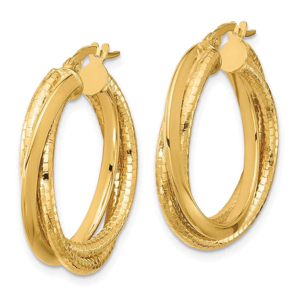 14K Yellow Gold Polished And Textured Twisted Circle Hoop Earrings