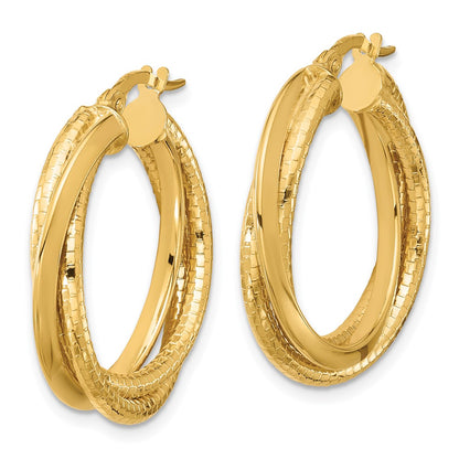 14K Yellow Gold Polished And Textured Twisted Circle Hoop Earrings