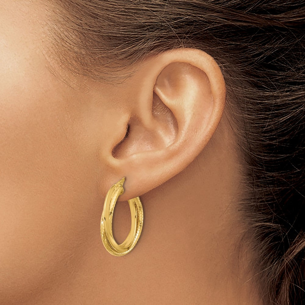 14K Yellow Gold Polished And Textured Twisted Circle Hoop Earrings