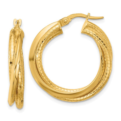 14K Yellow Gold Polished And Textured Twisted Circle Hoop Earrings