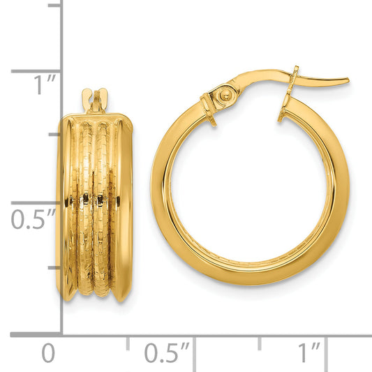 14K Yellow Gold Polished And Textured Hoop Earrings