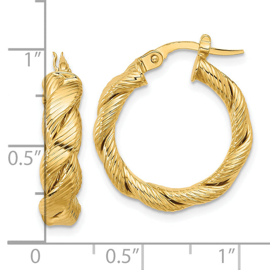 14K Yellow Gold Polished And Textured Twist Hoop Earrings