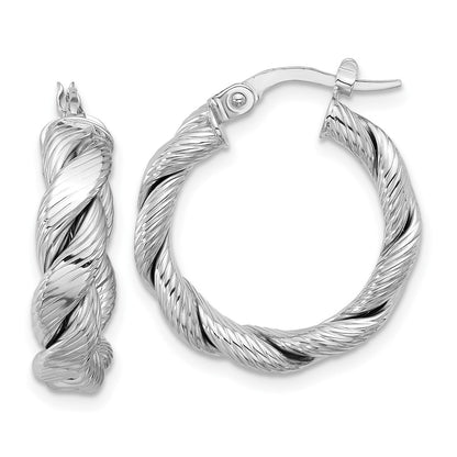 14K Yellow & Rhodium With White Plating Polished And Textured Twisted Hoop Earrings