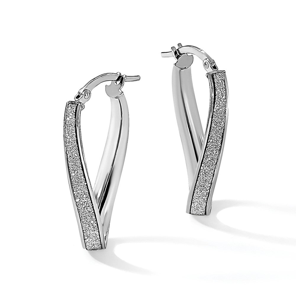 14K White Gold Polished Glimmer Infused Oval Hoop Earrings