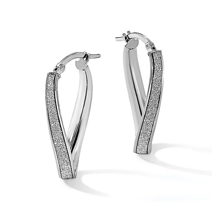 14K White Gold Polished Glimmer Infused Oval Hoop Earrings