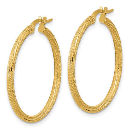 14K Yellow Gold Polished And Textured Twisted Tube Hoop Earrings